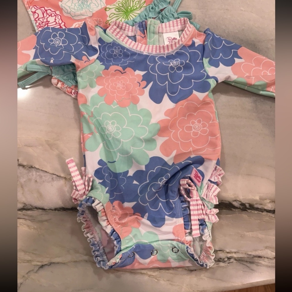 Ruffle Butts Floral Kids Swim Rashguard - Blue, Pink, Green